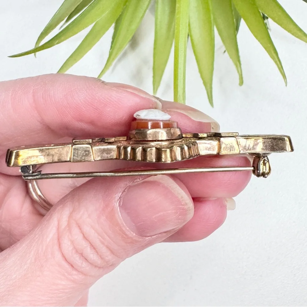 Antique Victorian 1880s 10k Rose Gold Filled Carnelian Cameo Bar Brooch